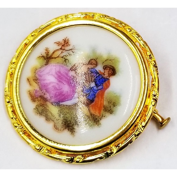 Vintage Porcelain Courting Couple Brooch Limoges France - Picture 3 of 4